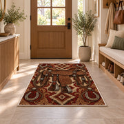 Tooled saddle rug in an entryway with a wooden door and bench
