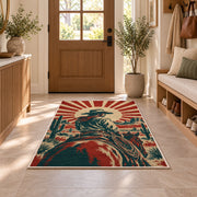 Vintage cowboy poster rug in an entryway with a wooden door and bench