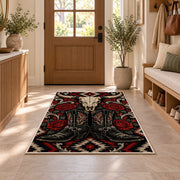 Western gothic boots rug in an entryway with a wooden door and bench