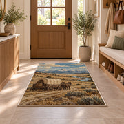Covered wagon prairie rug in an entryway with a wooden door and bench