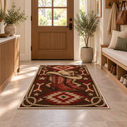 Lasso frame rug in an entryway with a wooden door and bench