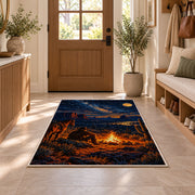 Cowboy campfire rug in an entryway with a wooden door and bench
