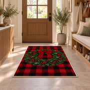 Buffalo Plaid Christmas Wreath rug in an entryway with a wooden door and bench