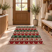 Ugly Christmas Sweater Knit rug in an entryway with a wooden door and bench