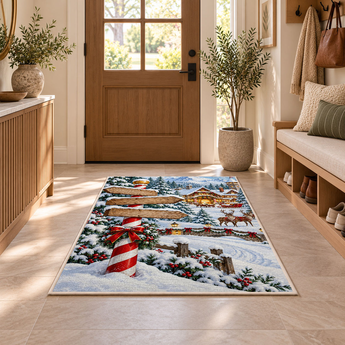 North Pole Signpost rug in an entryway with a wooden door and bench