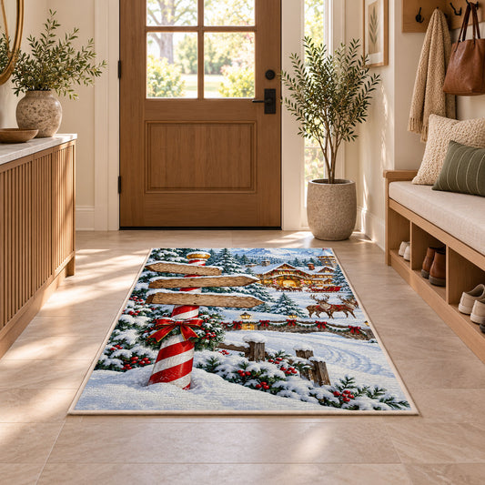 North Pole Signpost rug in an entryway with a wooden door and bench