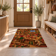 Santa's Workshop Elves rug in an entryway with a wooden door and bench