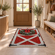 Red Barn Door Christmas Wreath rug in an entryway with a wooden door and bench