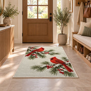 Winter Cardinals on Pine rug in an entryway with a wooden door and bench