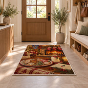 Milk and Cookies for Santa rug in an entryway with a wooden door and bench