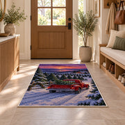 Christmas Tree Farm Red Truck rug in an entryway with a wooden door and bench