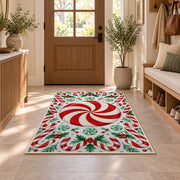 Peppermint Candy Swirl rug in an entryway with a wooden door and bench