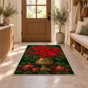 Poinsettia Brass Pot rug in an entryway with a wooden door and bench