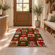 Advent Calendar Doors rug in an entryway with a wooden door and bench