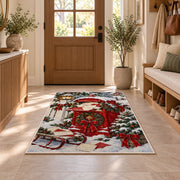 Letters to Santa Mailbox rug in an entryway with a wooden door and bench