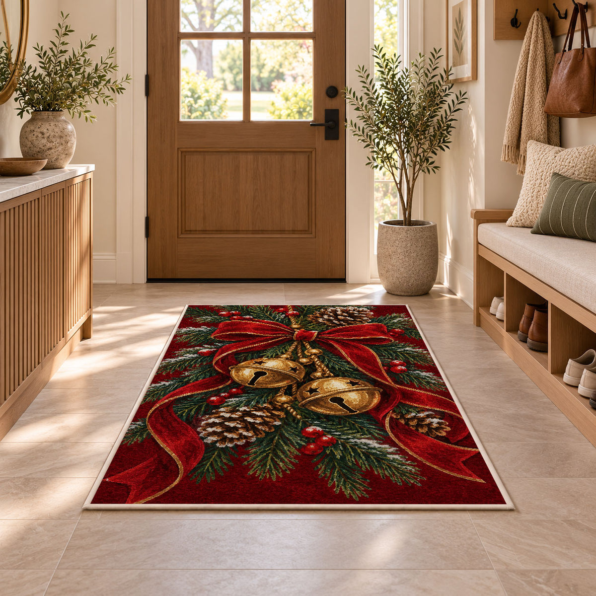 Sleigh Bells and Ribbon rug in an entryway with a wooden door and bench