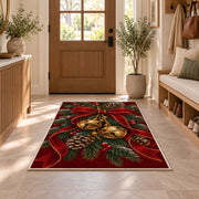 Sleigh Bells and Ribbon rug in an entryway with a wooden door and bench