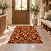Gingerbread Cookie Pattern rug in an entryway with a wooden door and bench