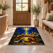 Bethlehem Star Stained Glass rug in an entryway with a wooden door and bench