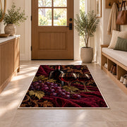 red wine and grapes rug in an entryway with a wooden door and bench