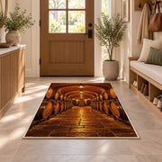 wine cellar barrels rug in an entryway with a wooden door and bench