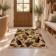 wine pattern rug in an entryway with a wooden door and bench