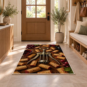 corkscrew and wine corks rug in an entryway with a wooden door and bench