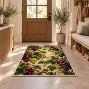 grapevine cluster rug in an entryway with a wooden door and bench