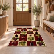 checkered wine rug in an entryway with a wooden door and bench