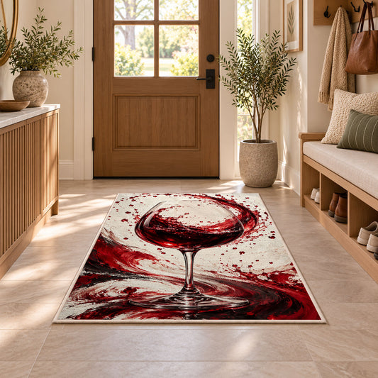 red wine splash rug in an entryway with a wooden door and bench