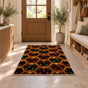 honeycomb wine rack rug in an entryway with a wooden door and bench