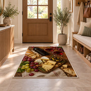 wine and cheese board rug in an entryway with a wooden door and bench