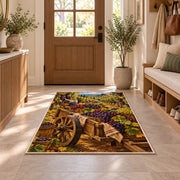 grape harvest rug in an entryway with a wooden door and bench