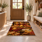 wine toast candlelight rug in an entryway with a wooden door and bench
