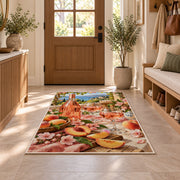 rose wine summer rug in an entryway with a wooden door and bench