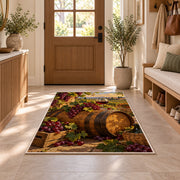 oak wine barrel rug in an entryway with a wooden door and bench