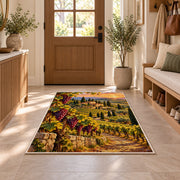 tuscany vineyard rug in an entryway with a wooden door and bench