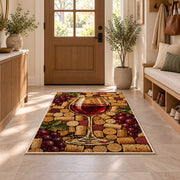 wine cork mosaic rug in an entryway with a wooden door and bench