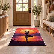 tree pose yoga sunset rug in an entryway with a wooden door and bench