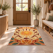 sun salutation yoga rug in an entryway with a wooden door and bench