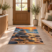 balanced stones beach rug in an entryway with a wooden door and bench