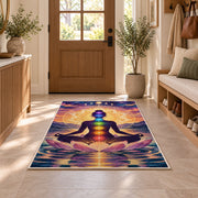 chakra meditation rug in an entryway with a wooden door and bench