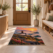 warrior pose mountain rug in an entryway with a wooden door and bench