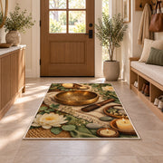 singing bowl meditation rug in an entryway with a wooden door and bench