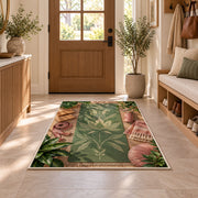 yoga mat flat lay rug in an entryway with a wooden door and bench