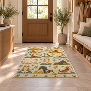 dogs doing yoga rug in an entryway with a wooden door and bench