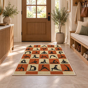 yoga poses checkered rug in an entryway with a wooden door and bench