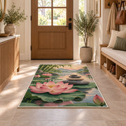 zen stones and lotus rug in an entryway with a wooden door and bench