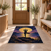 moonlight tree pose rug in an entryway with a wooden door and bench
