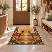 partner yoga boho rug in an entryway with a wooden door and bench